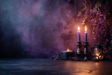 Background wallpaper with a witch's altar, featuring dark colors, mystical purple candles, and black and grey tones. There is ample copy space for text.