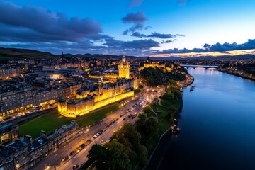 Fototapeta premium Aerial timelapse of Edinburgh at night, highlighting the illuminated Edinburgh Castle and historic Old Town