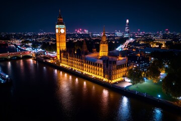 Naklejka premium Aerial timelapse of London at night, with the River Thames winding through the brightly lit landmarks like Big Ben and the Shard