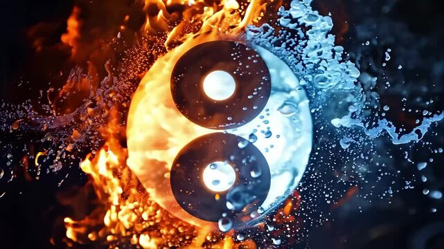 A visual representation of the yin-yang symbol, incorporating elements of fire and water to symbolize balance and duality.