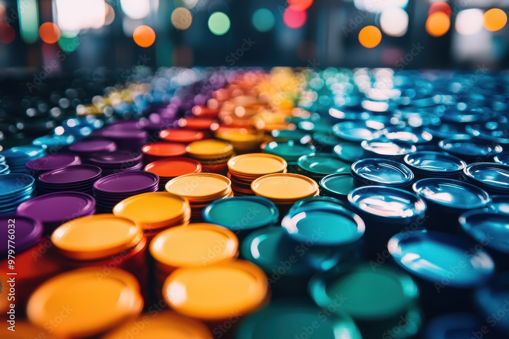 Poster Vibrant collection of colorful lids arranged in a stunning gradient, creating a playful and artistic atmosphere.