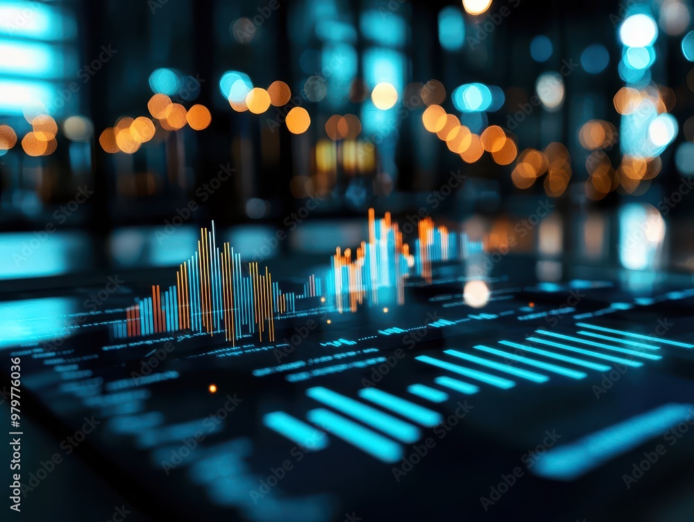Fototapete vibrant data visualization display with glowing bars and graphs, showcasing analytical trends in a m