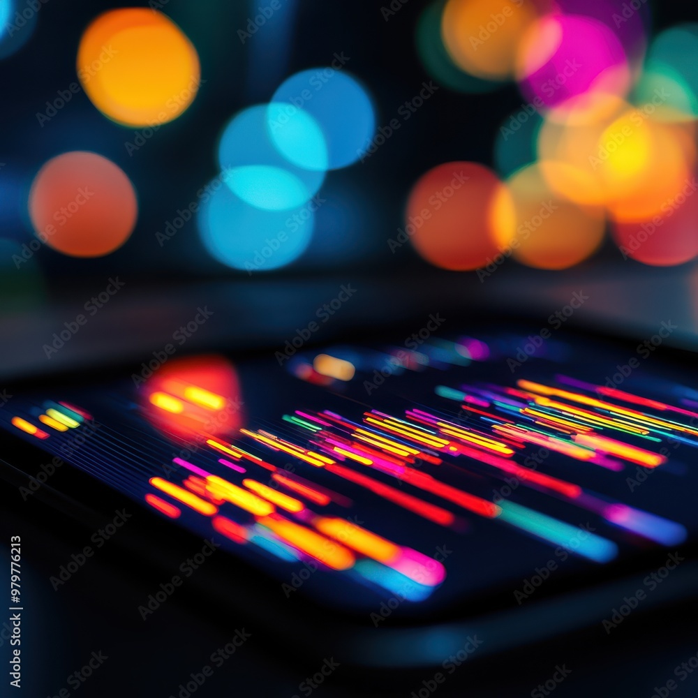 Poster vibrant tablet displaying colorful data visualization against a backdrop of soft, blurred bokeh ligh