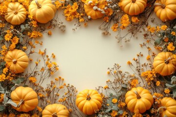 aesthetic autumn composition with pumpkins and flowers.