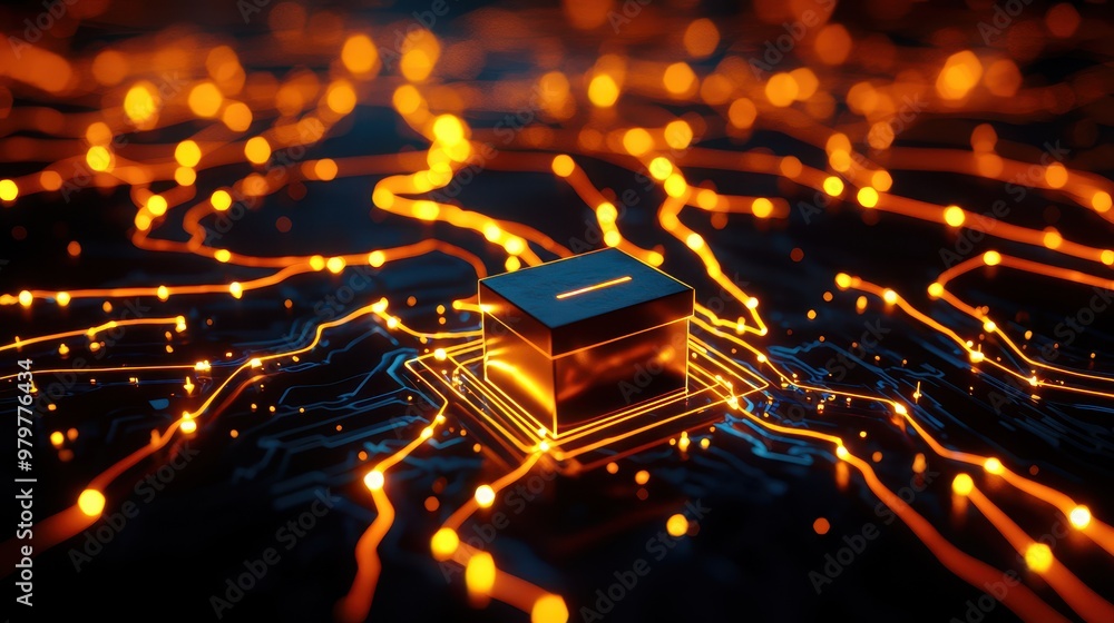 Aufkleber A close-up of a glowing microchip surrounded by intricate golden circuits, representing advanced technology and digital innovation.