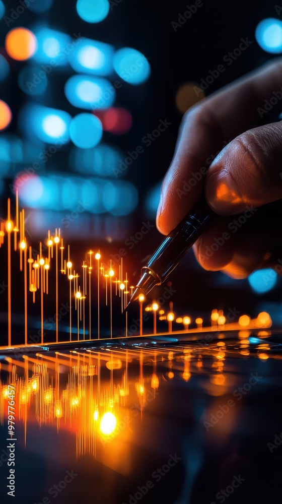 Poster a close-up of a hand analyzing financial data with a pen, showcasing trends and digital graphs illum