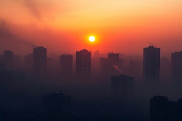 Stunning sunset over a cityscape, casting beautiful silhouettes of skyscrapers against a misty skyline.