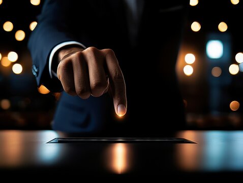 A close-up of a businessman's hand poised to interact with a futuristic touchscreen interface against a blurred background.