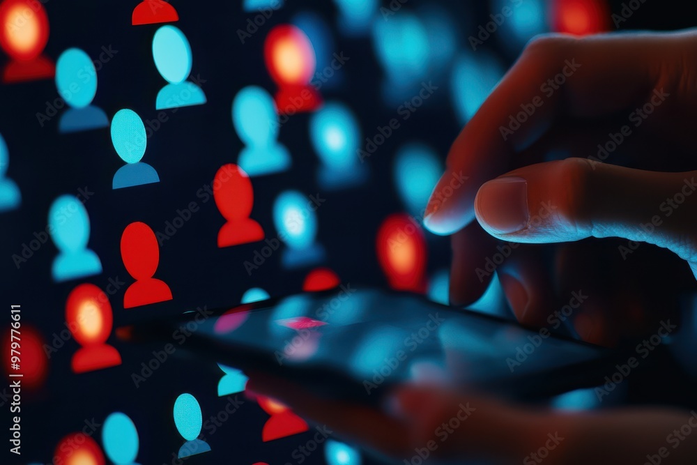 Leinwandbilder a close-up of a hand interacting with a smartphone against a vibrant background of digital user icon