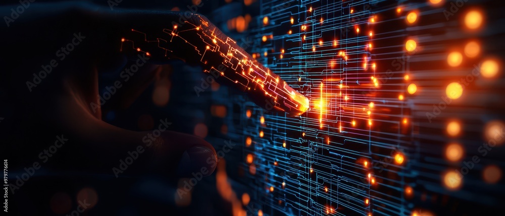 Poster a close-up of a hand interacting with glowing digital signals, symbolizing technology and innovation
