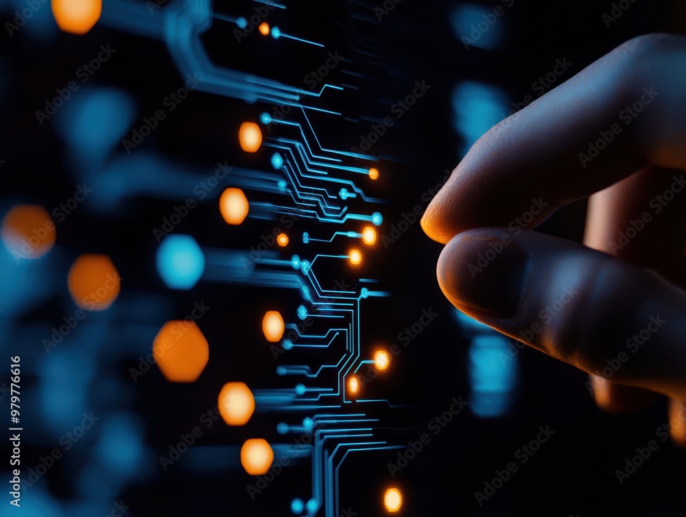 Aufkleber a close-up of a hand interacting with illuminated circuit lines, showcasing technology and innovatio