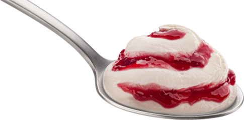 Spoon of yogurt with berry jam isolated on white background
