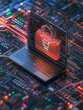 Network themed e commerce illustration with a locked laptop representing secure online shopping and digital security