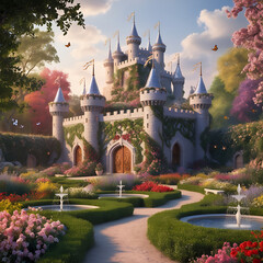 An ancient medieval castle with towers and stone walls, standing under a twilight sky, evoking a sense of history and architecture from Europe