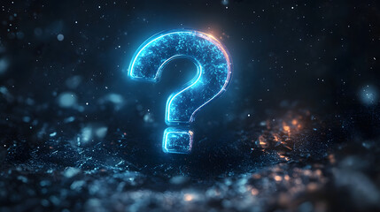 Neon blue glowing question mark floating against a dark, starry background with a digital aura.