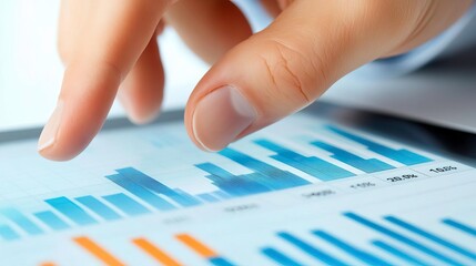 A close-up of a finger interacting with a digital tablet displaying colorful data graphs and charts, representing modern analytics.