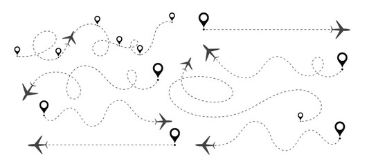 Airplane line path vector design, Air plane flight route with line trace vector illustration. Dashed route travel concept, Airplane line path vector