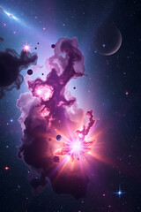 Fototapeta premium A stunning cosmic scene featuring a swirling nebula with vibrant colors. The nebula is illuminated from within, creating a glowing effect, surrounded by twinkling stars in a dark space background.