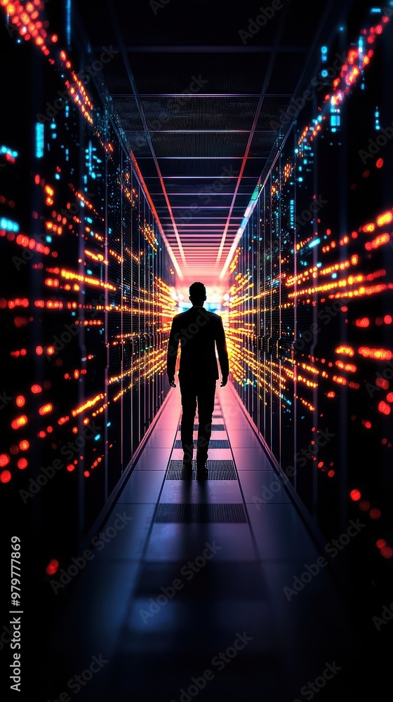 Poster a silhouette of a person walking through a vibrant data corridor surrounded by glowing lights, repre