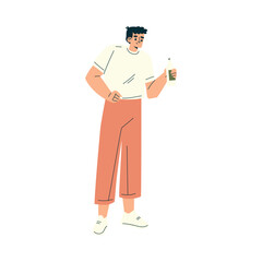 Man at Musical Festival Stand with Drink in Bottle Have Rest Vector Illustration