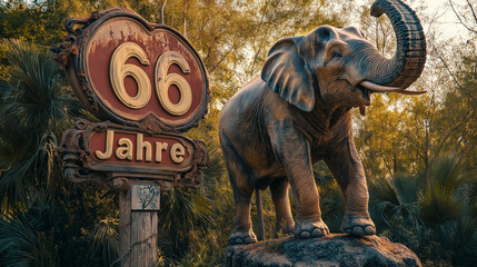 Fototapeta premium Grußkarte zum 66. Geburtstag mit lustigem Tier Elefant Erdmännchen Eule Generative AI