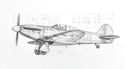 Detailed schematic diagram of a Spitfire fighter aircraft showcasing intricate design elements