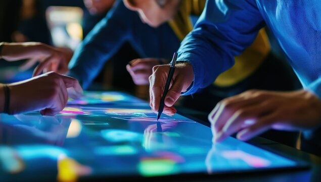 Close-up of hands working together on an interactive table, office setting with people in blue shirts and casual attire holding digital tablets while drawing lines onto touch screen Generative AI