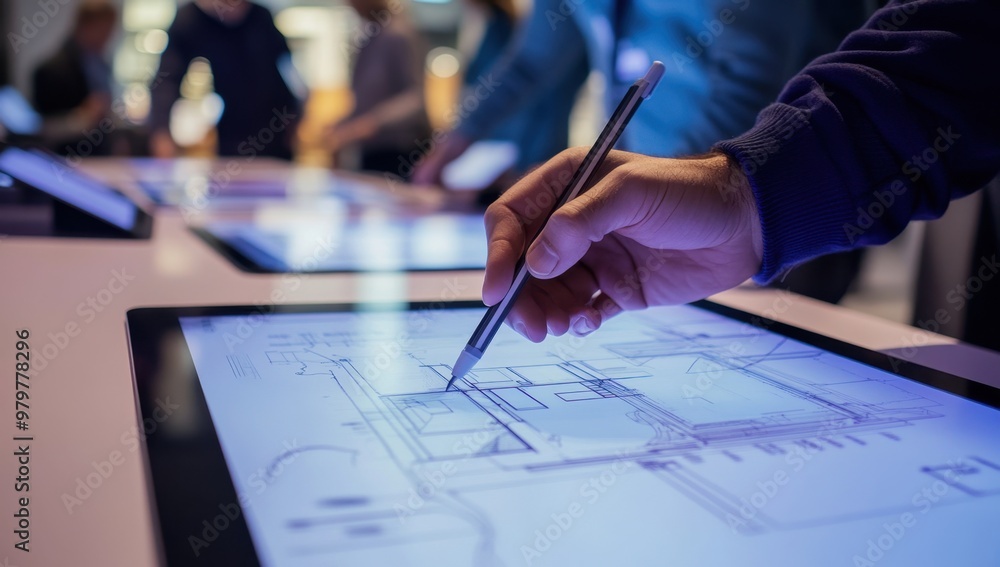 Poster a group of people are working together on an interactive table, each holding their own tablet or pen