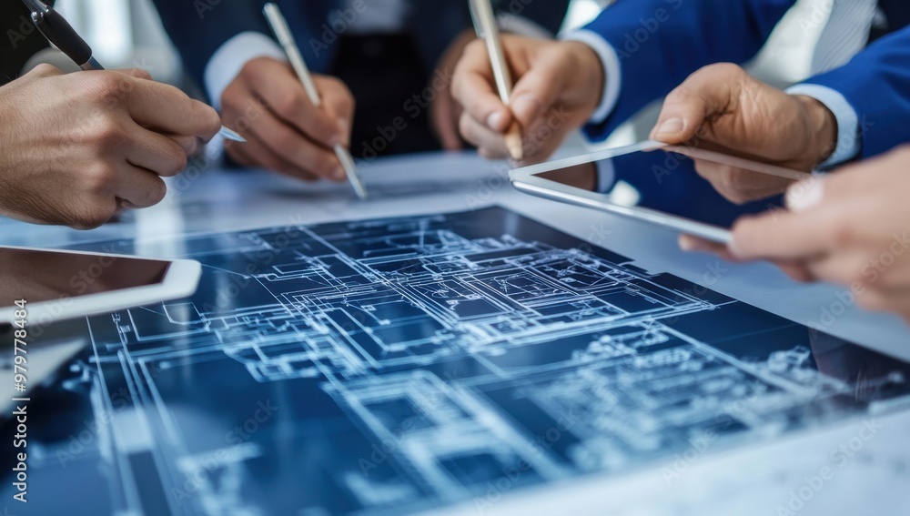 Poster close-up of multiple hands in business attire, holding digital tablets and pens over an interactive 