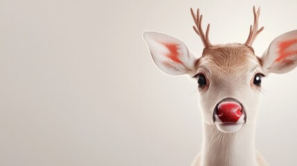 A deer with antlers and a red nose is staring at the camera