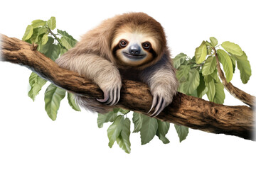 Fototapeta premium Sloth hanging lazily from a branch in the jungle, symbolizing slow-moving wildlife ,Isolated on transparent background.,Isolated on transparent background