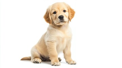 A cute golden retriever puppy sitting on a white background, showcasing its playful and friendly nature.