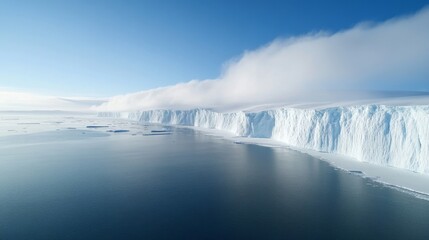 Frozen Antarctic coastline, polar cold, icy cliffs.