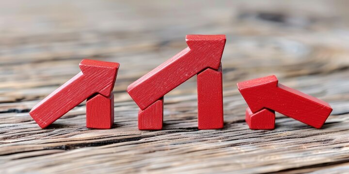 Trends represented by red arrows on rustic wooden surface showcasing market fluctuations over time