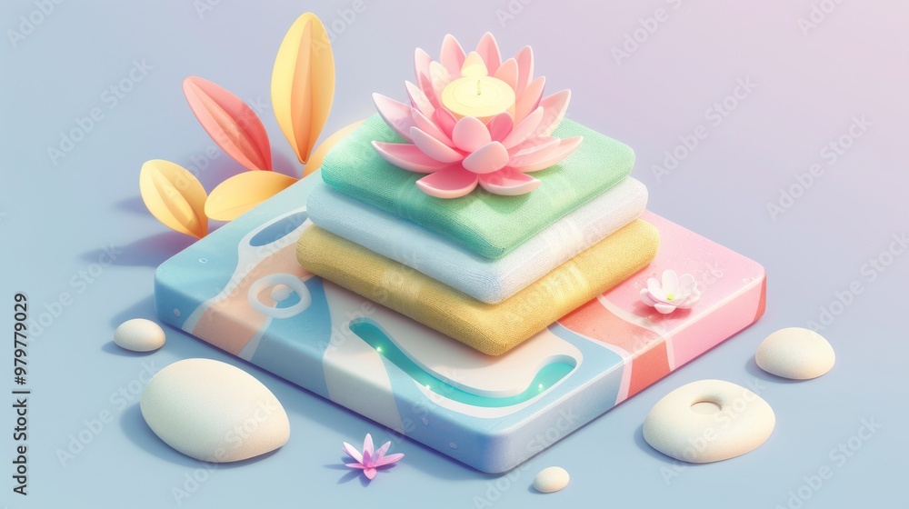 Poster Pastel Colored Stack of Towels with Lotus Flower and Candle