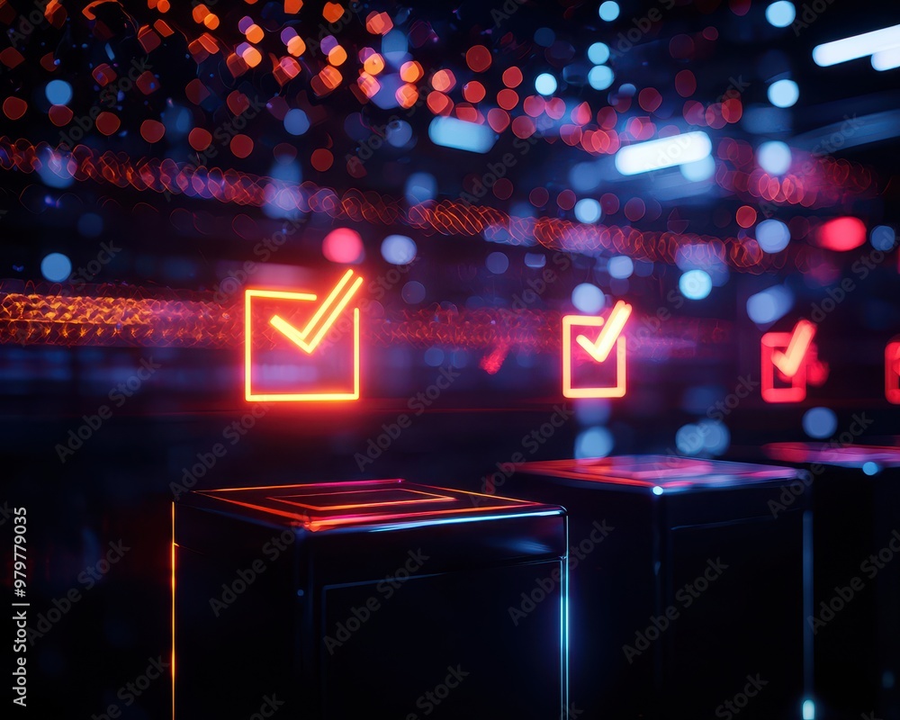 Poster abstract image of illuminated checkboxes in vibrant neon colors, symbolizing completion and progress