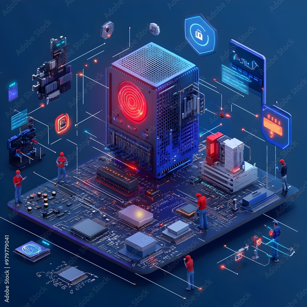 Poster isometric cybersecurity protection network with firewalls and encrypted security shields