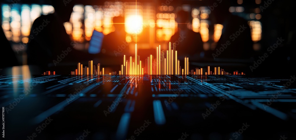 Fototapete an abstract data visualization concept with bar graphs in front of a sunset, representing technology