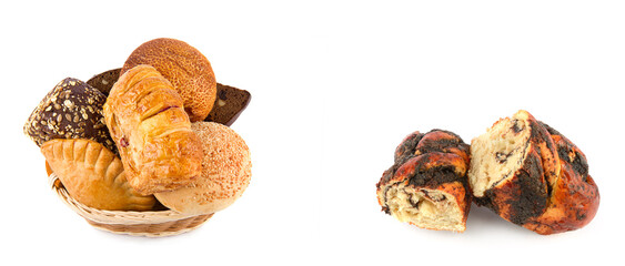 Pastries buns and bread Isolated on a white background. Free space for text. Collage.