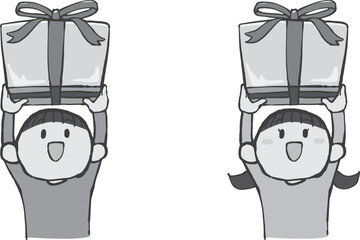 プレゼントを持った子どもの手描きイラスト 男女セット モノクロ