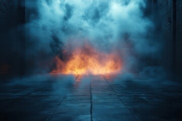 Obraz premium atmospheric dark urban scene concrete floor fading into misty background moody lighting with subtle smoke effects cinematic product display space