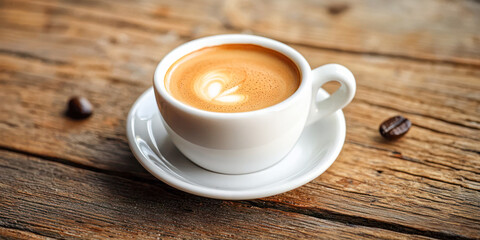 Obraz premium Cup of freshly brewed espresso on a rustic wooden table.