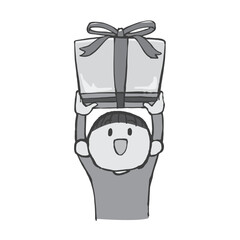 プレゼントを持った男の子の手描きイラスト モノクロ