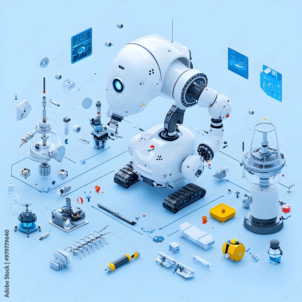Poster isometric intelligence and robotic systems powering modern industries