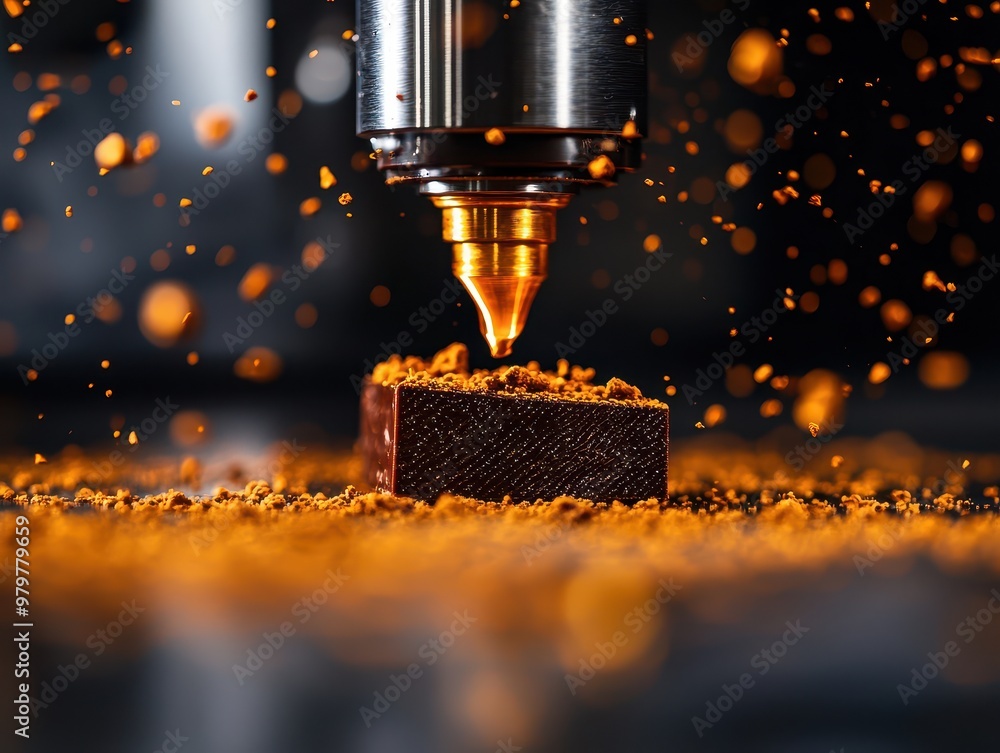Poster Close-up of a precision laser cutting tool creating intricate designs on a material, showcasing sparks and fine particles.