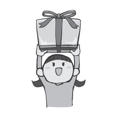 プレゼントを持った女の子の手描きイラスト モノクロ