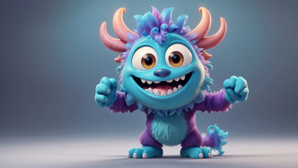 Adorable 3D cartoon monster with colorful features and big smile