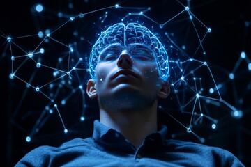 Man surrounded by glowing orange particles symbolizing introspection digital creativity and cognitive expansion