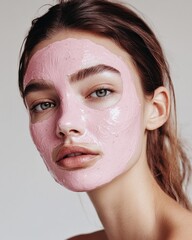 Woman with pink facial mask, serene expression pose