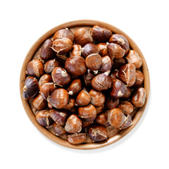 Delicious roasted edible chestnuts on a metal plate, isolated on white background, top view